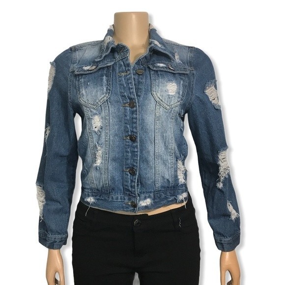 Between Us Denim Trucker Jacket factory Ripped and Distressed size S - Picture 15 of 16